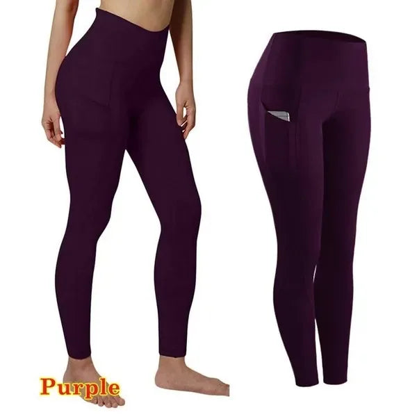 Mallas de yoga elásticas de cintura alta para mujer, pantalones de compresión sin costuras con bolsillos y fruncido para control de abdomen