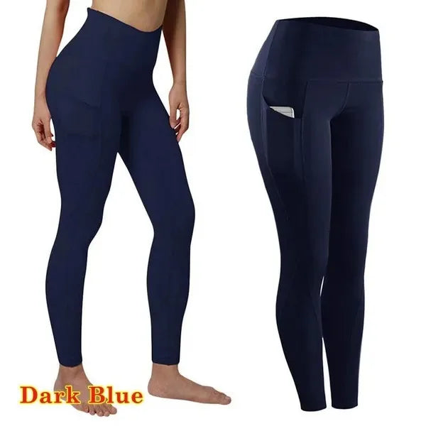 Mallas de yoga elásticas de cintura alta para mujer, pantalones de compresión sin costuras con bolsillos y fruncido para control de abdomen