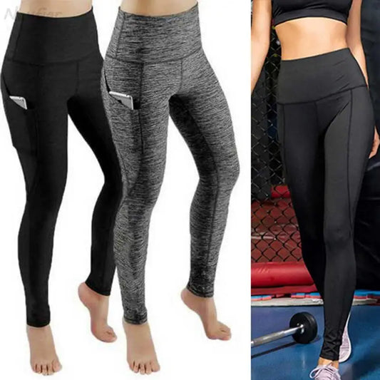 Mallas de yoga elásticas de cintura alta para mujer, pantalones de compresión sin costuras con bolsillos y fruncido para control de abdomen