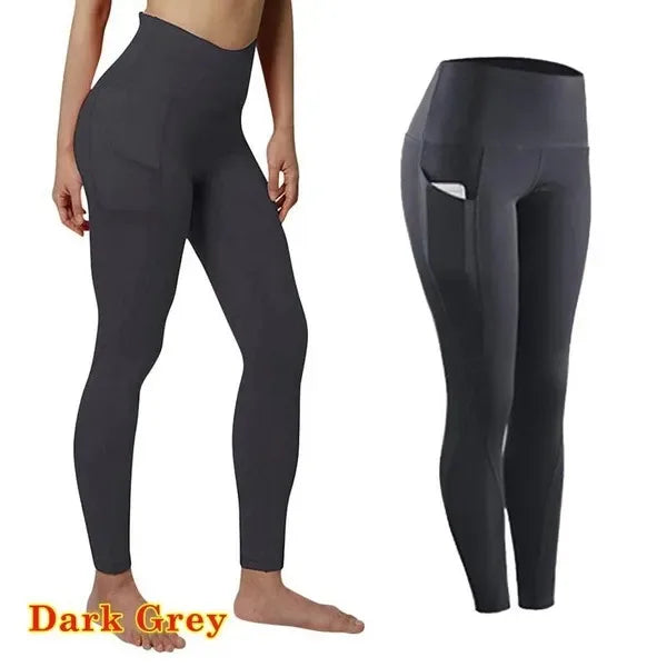 Mallas de yoga elásticas de cintura alta para mujer, pantalones de compresión sin costuras con bolsillos y fruncido para control de abdomen