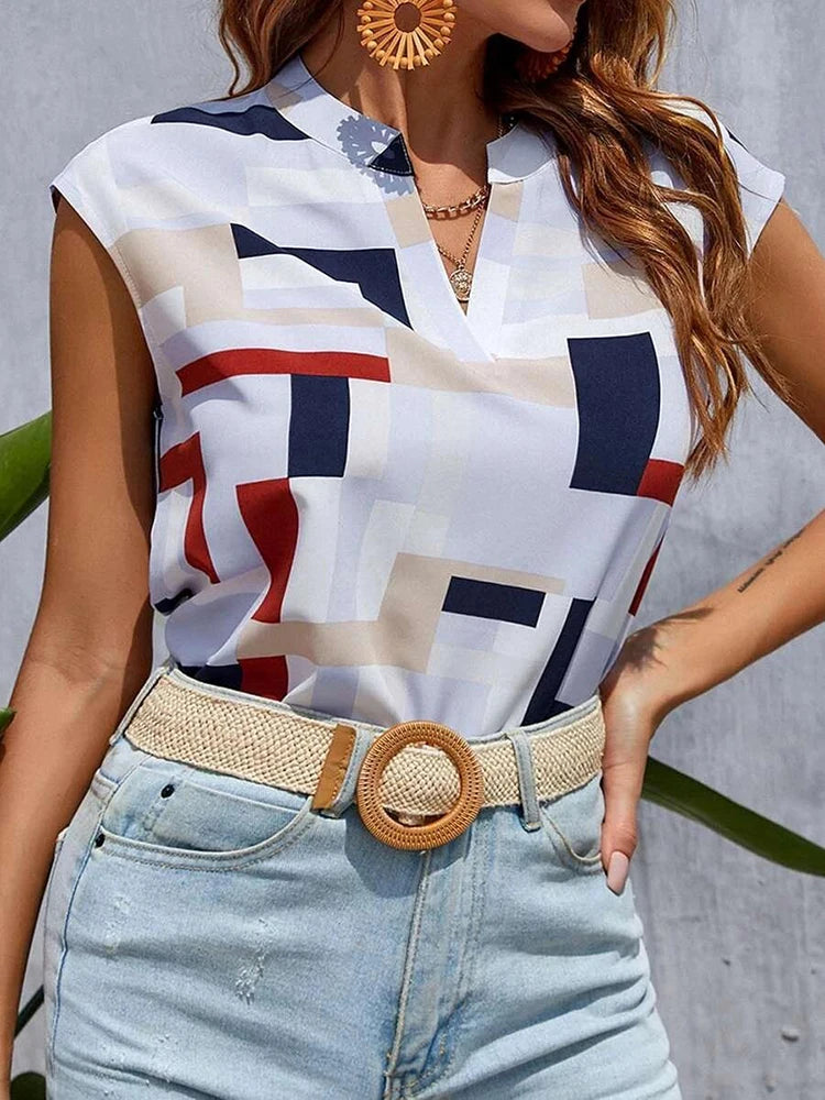 Blusa  refrescante de mujer Camisa casual de manga corta Tops sencillos con cuello en V Camisas y blusas elegantes