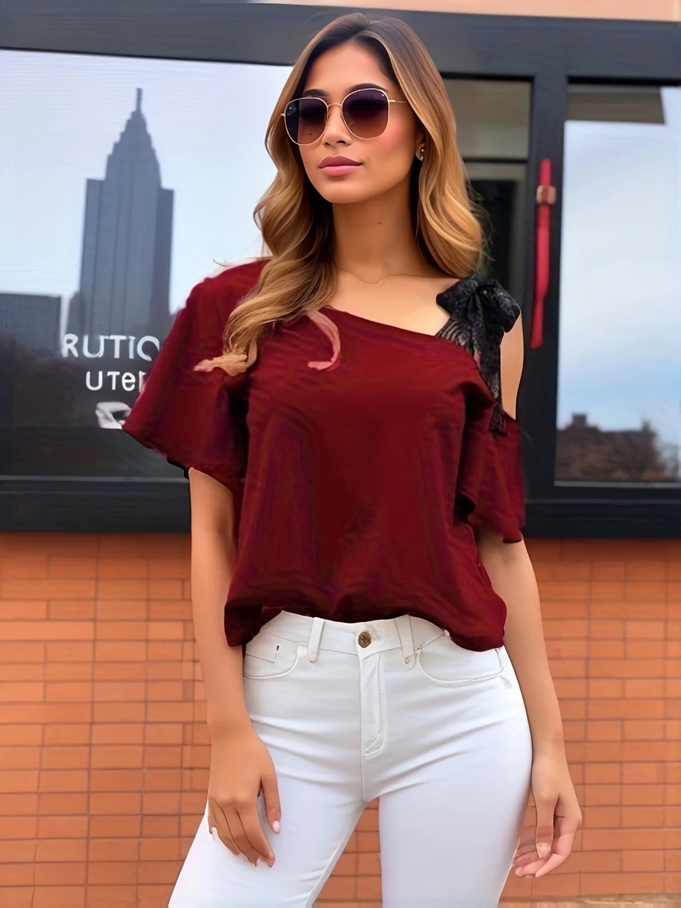 Elegante blusa de encaje con hombros descubiertos, perfecta para primavera y verano