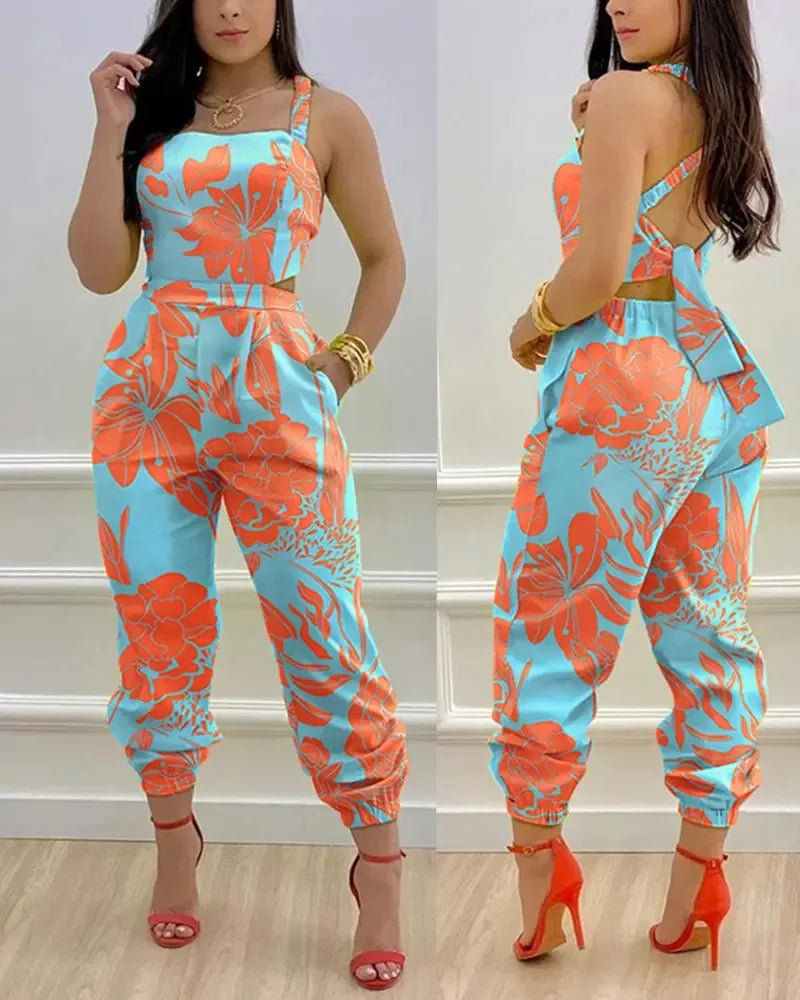 Conjunto enterizo sexy con estampado  sin mangas,  tirantes, espalda descubierta, pantalones de cintura alta, con bolsillos