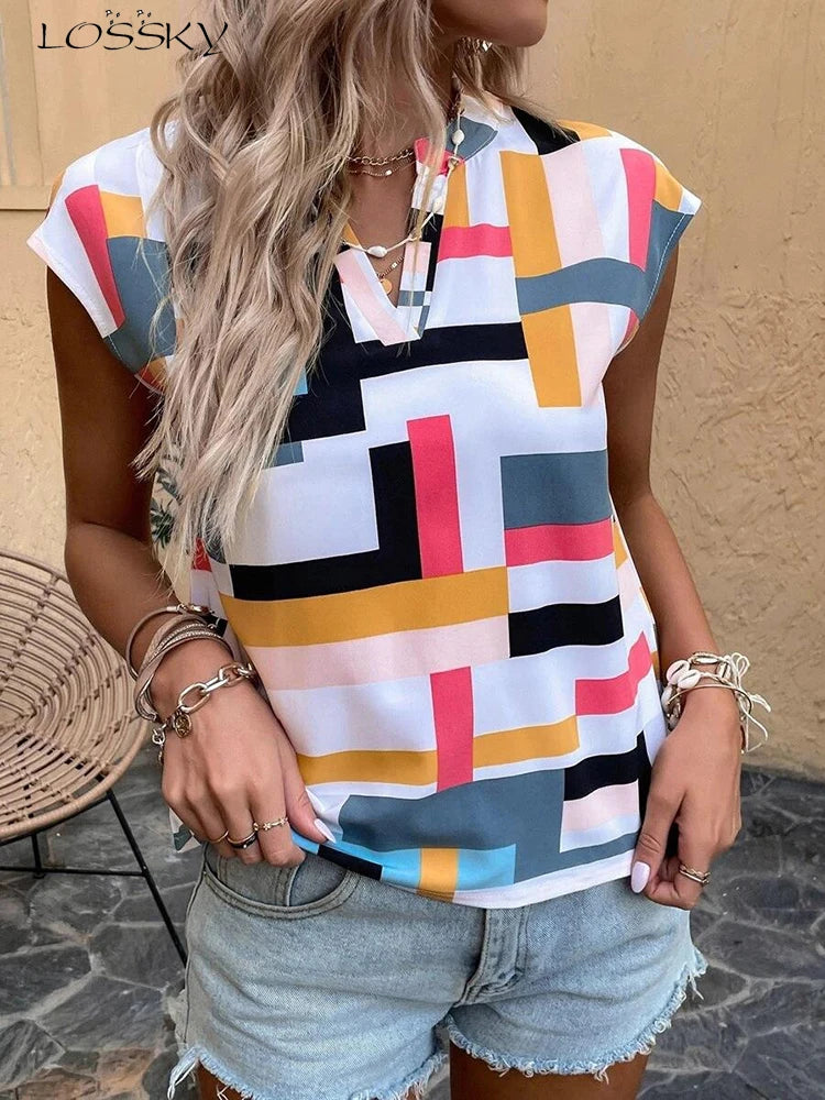 Blusa  refrescante de mujer Camisa casual de manga corta Tops sencillos con cuello en V Camisas y blusas elegantes